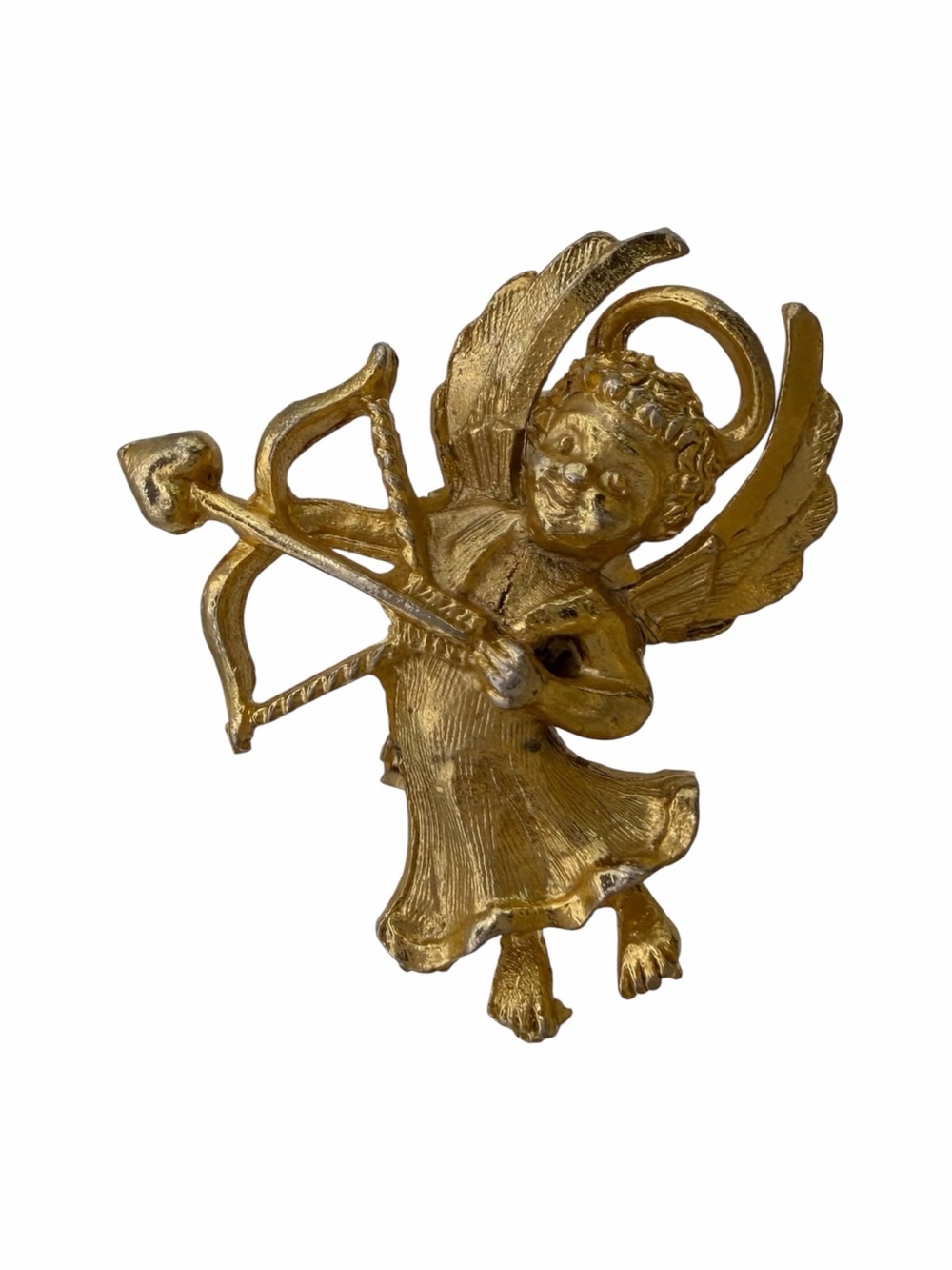 Vintage Gold Tone Cupid Cherub Angel Brooch Bow Arrow Heart Pin
